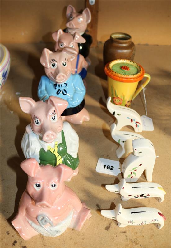 Set of five Wade pig money boxes, 5 Art Deco small stylised animals, Carlton ware mug, etc